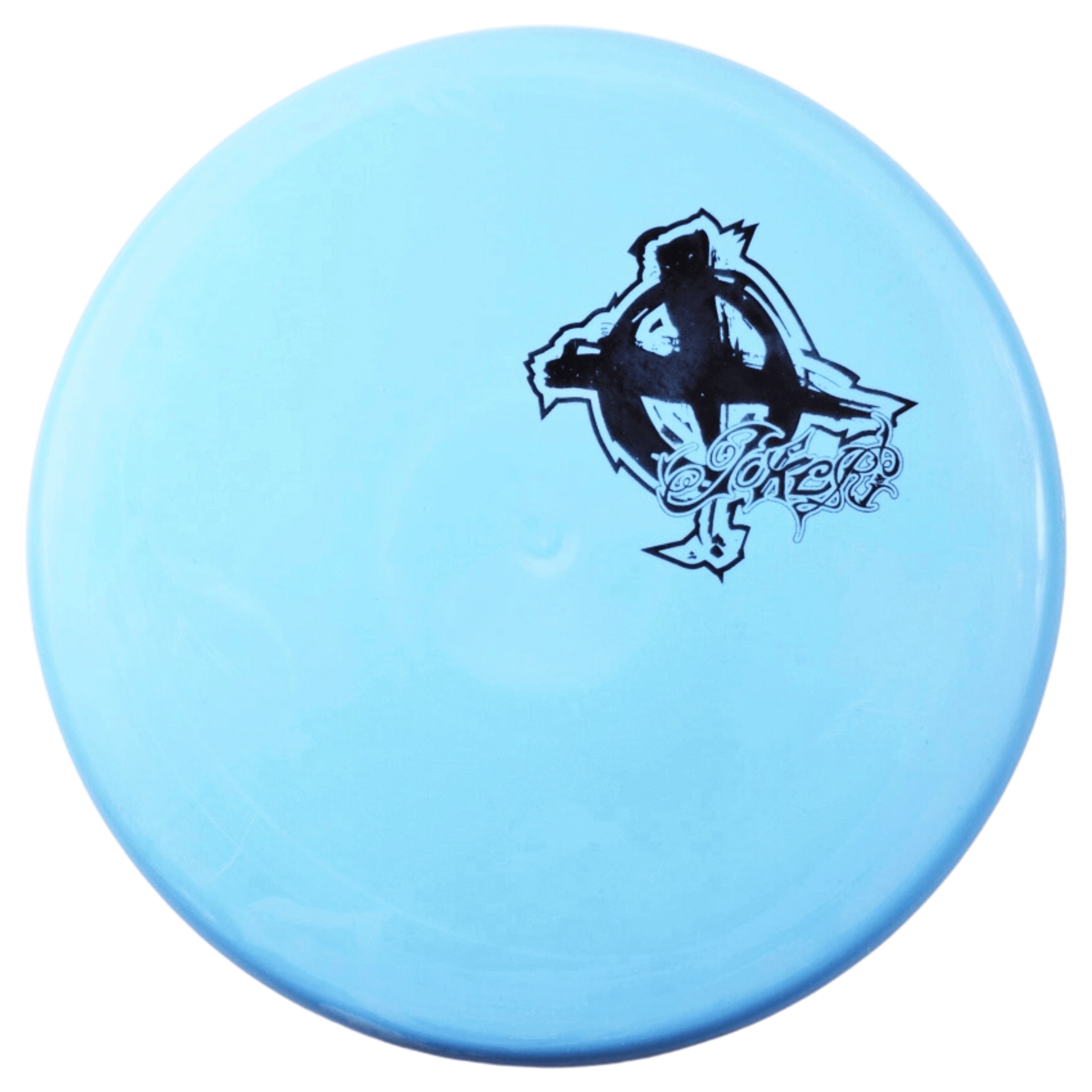 Blue disc golf disc with Joker logo.
